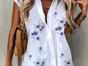 Women Short Sleeve Shirt Collar Floral Printed Graphic Button Top Shirts