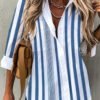 Double Pocket Vertical Blue and White Stripe Tunic Top