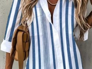 Double Pocket Vertical Blue and White Stripe Tunic Top