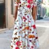Blumenmuster Midi-Kleid Jersey Rundhals Kurzarm lssiger Stil Noracora