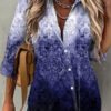 Women 3/4 Sleeve Shirt Collar Floral Printed Gradient Button Top Shirts