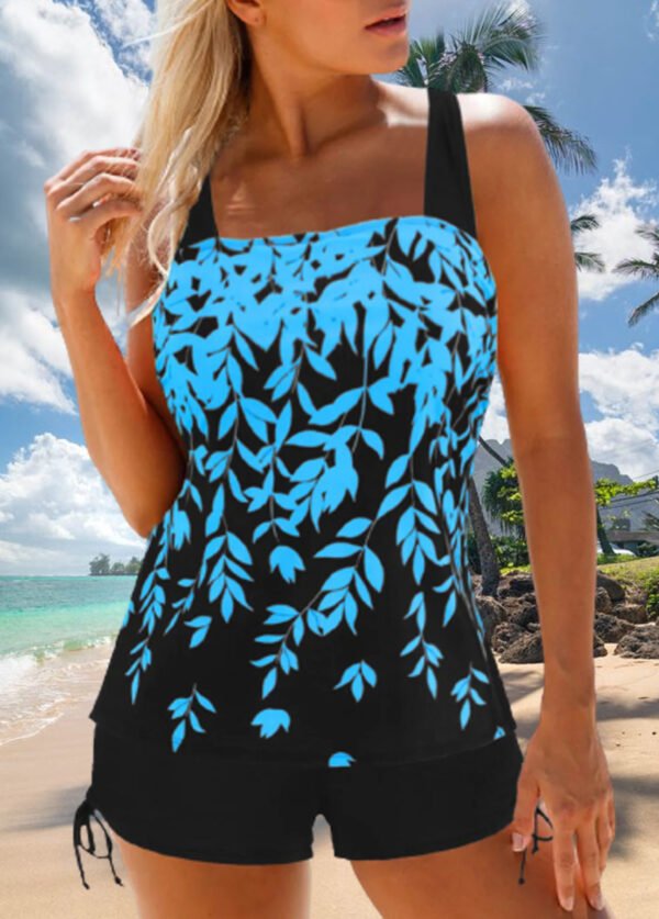 Blue Leaf Broad Shoulder Print TANKINI SET