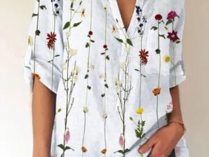 Ladies V-neck Floral Print Fashion Short-sleeved Blouse
