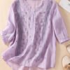 Casual Vintage Embroidered V-Neck Half Sleeve Blouse