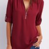V Neck Zipper Patchwork Plain Blouses