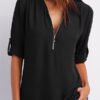 V Neck Zipper Patchwork Plain Blouses