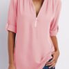 V Neck Zipper Patchwork Plain Blouses