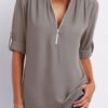 V Neck Zipper Patchwork Plain Blouses
