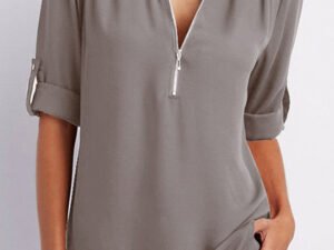 V Neck Zipper Patchwork Plain Blouses