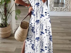 Floral V Neck Short Sleeve Casual Dress