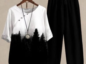 Women's Landscape Print Half Sleeve Top And Casual Pants Linen Two Pieces