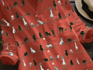 Cartoon Cat Print Casual Cotton And Linen Long Blouse