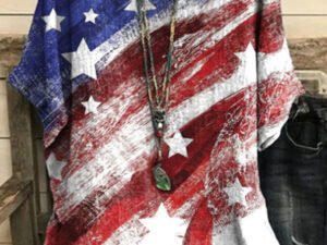 Round Neck Casual Loose Flag Print Short Sleeve Blouse