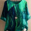 Round Neck Casual Loose Marble Print Short Sleeve Blouse