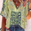 V-neck Casual Loose Floral Print Short Sleeve Blouse