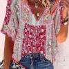 V-neck Casual Loose Floral Print Short Sleeve Blouse