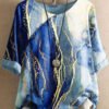 Round Neck Casual Loose Marble Print Short Sleeve Blouse