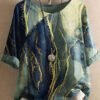 Round Neck Casual Loose Marble Print Short Sleeve Blouse