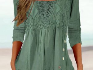 Round Neck Casual Loose Lace Stitching Long-sleeved Blouse