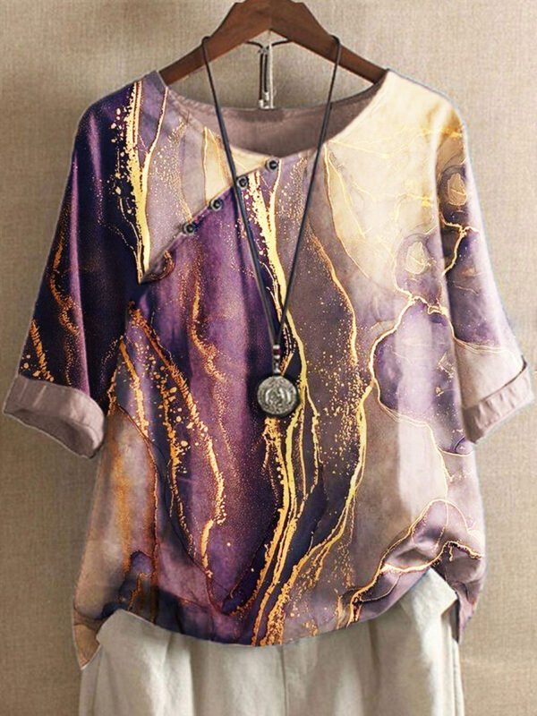 Round Neck Casual Loose Marble Print Short Sleeve Blouse