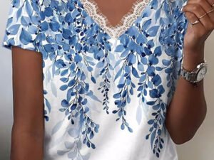 V-neck Lace Casual Loose Floral Print Short-sleeved T-shirt