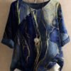 Round Neck Casual Loose Marble Print Short Sleeve Blouse