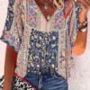 V-neck Casual Loose Floral Print Short Sleeve Blouse