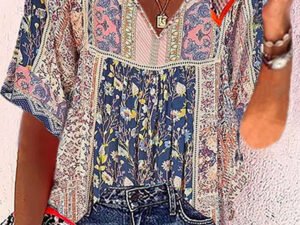 V-neck Casual Loose Floral Print Short Sleeve Blouse