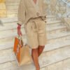 Casual Long Sleeve V Neck Top With Shorts Set