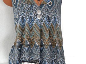 Women Sleeveless V-neck Printed Stitching Top Dress