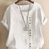 Women's Vintage Cotton Linen Button Crew Neck Short Sleeve T-Shirt