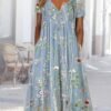 Gradient Flower Loose Long Dress Half Open Button Pocket Dress