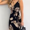 V Neck Leaf Print Mini Dress
