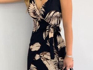 V Neck Leaf Print Mini Dress