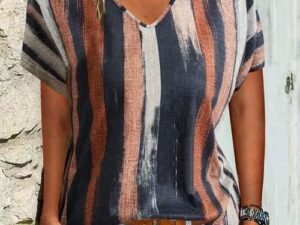 Stripes V Neck Basic Shift T-shirt