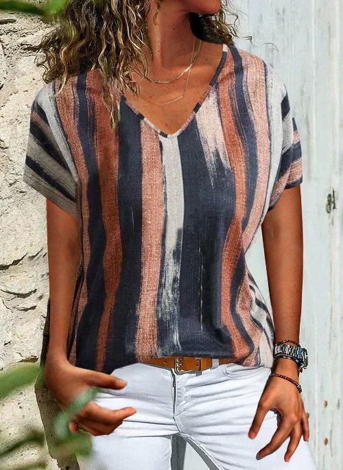1dd2c6b97fc84ec9ae7ac0689a8a2679.jpg Stripes V Neck Basic Shift T-shirt
