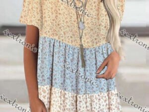 Women Short Sleeve Scoop Neck Floral Printed Stitching Top