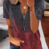 Women's Short Sleeve V-neck Graphic Printed Zipper Top