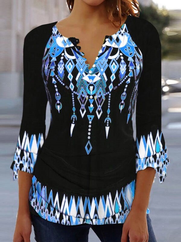 20886ef7f9ce2a225a993537dd46be19.jpg Women's Graphic Printed 3/4 Sleeve V-neck Top