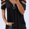 Sexy V-neck zipper solid color T-shirt