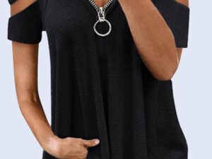 Sexy V-neck zipper solid color T-shirt