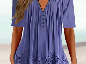 Women Half Sleeve V-neck Solid Floral Lace Tops