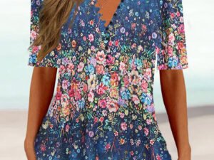 Women Half Sleeve V-neck Floral Printed Tops