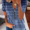 Women's Short Sleeve V-neck Graphic Printed Zipper Top