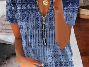 Women's Short Sleeve V-neck Graphic Printed Zipper Top