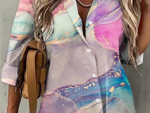 Women 3/4 Sleeve Shirt Collar Floral Printed Animal Print Button Top Shirts
