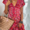 V Neck Casual Floral Printed Short Sleeve Woven Dress