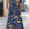 Blumenmuster Midi-Kleid Jersey Rundhals Kurzarm lssiger Stil Noracora
