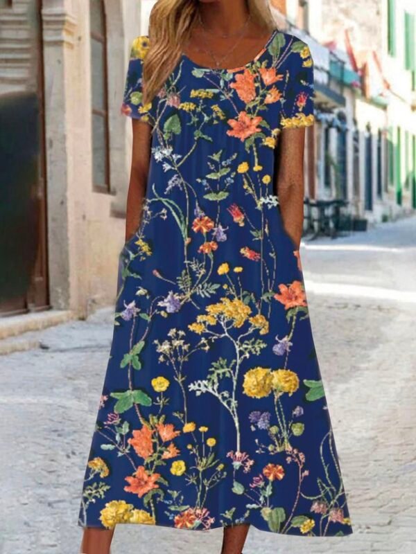 Blumenmuster Midi-Kleid Jersey Rundhals Kurzarm lssiger Stil Noracora