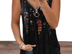 Western style printed V-neck zipper women's sleeveless T-shirt